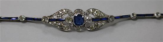 An attractive 1920s gold and platinum, sapphire and diamond bracelet, approx. 17cm.